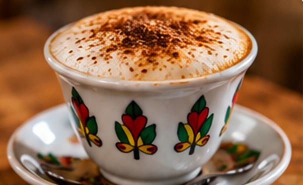 Cappuccino dusted with cocoa in a traditional Ethiopian cup and saucer