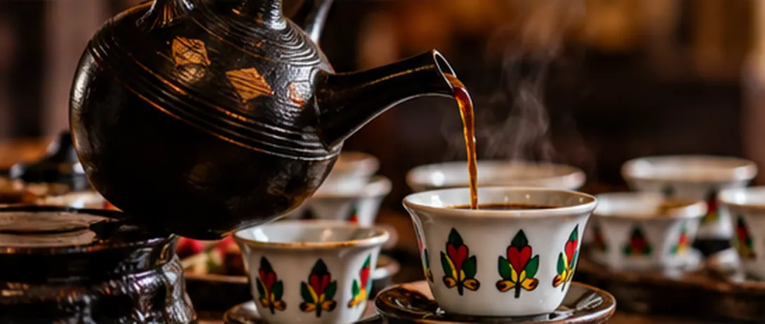 Coffee poured from a clay jebena into small traditional cups