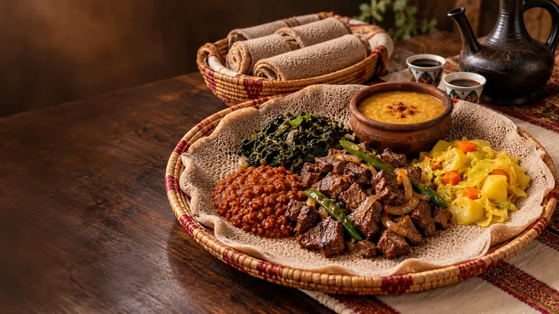 Injera platter with beef tibs, lentils, greens and vegetables