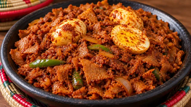 Firfir: shredded injera in berbere sauce with boiled eggs and green peppers in a black clay bowl