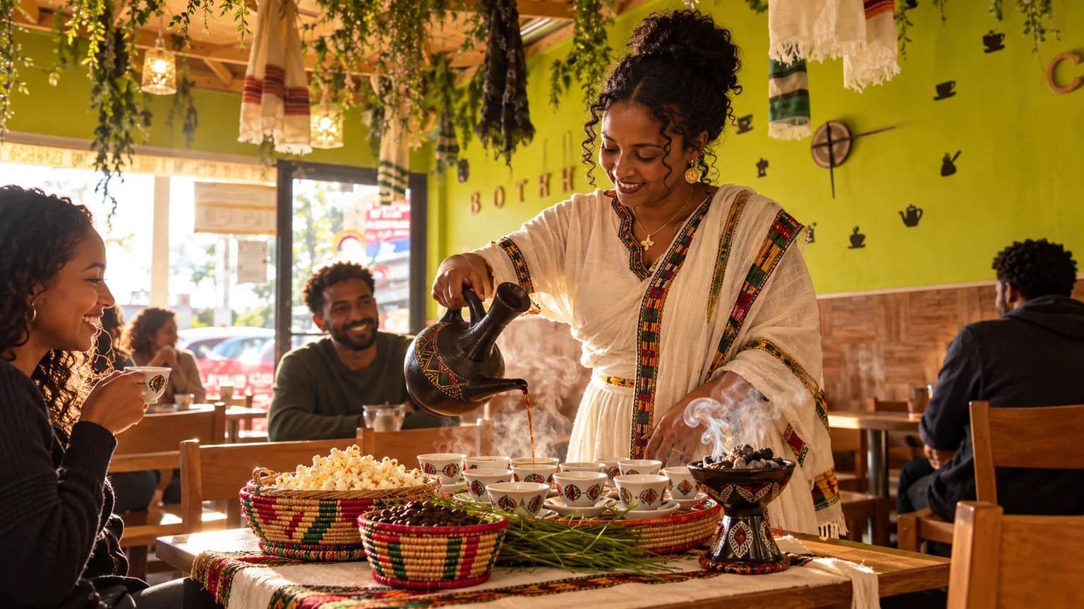 Woman pouring Ethiopian coffee for guests in a warmly lit cafe
