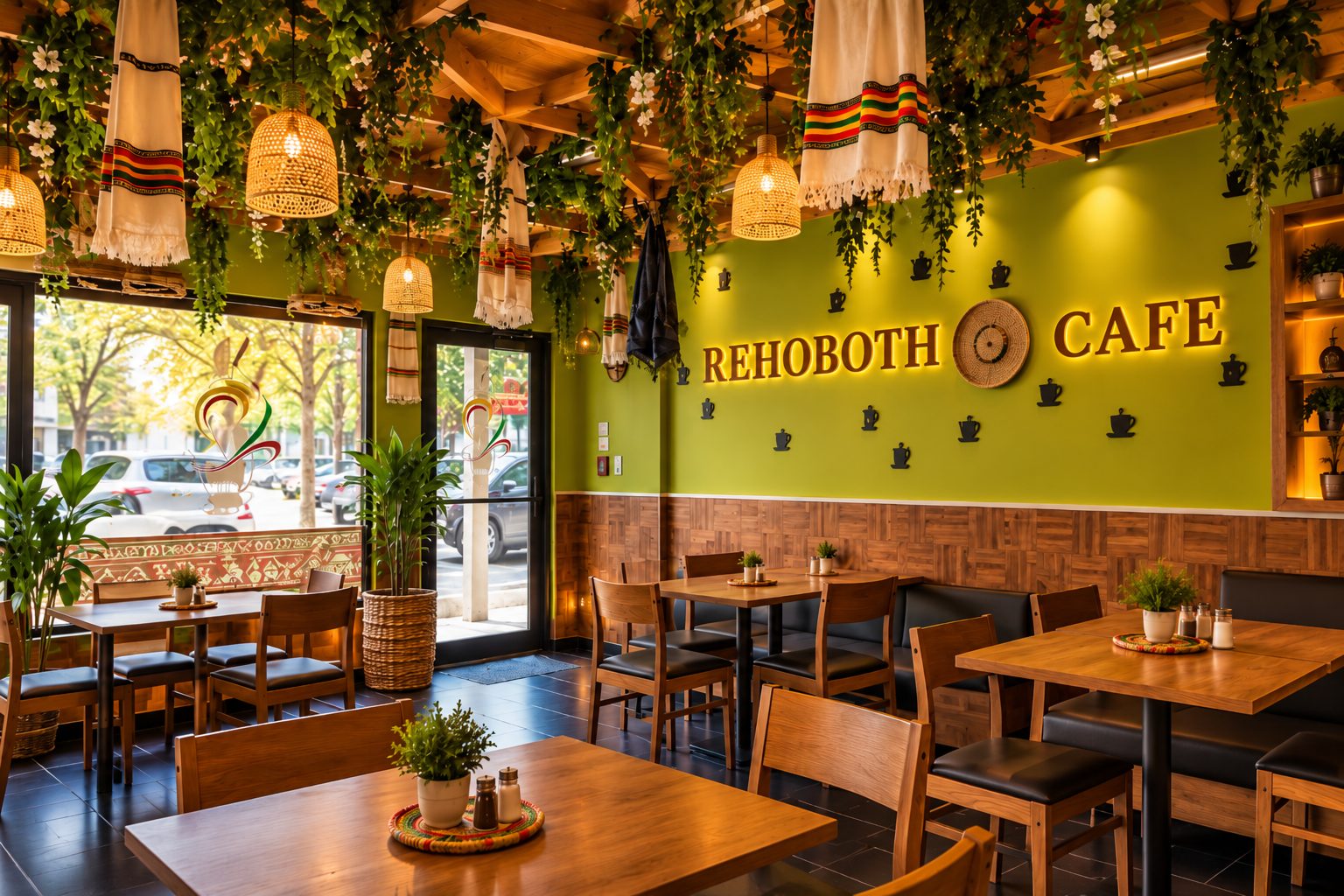 Inside Rehoboth Cafe, with the lit Rehoboth Cafe sign and hanging plants