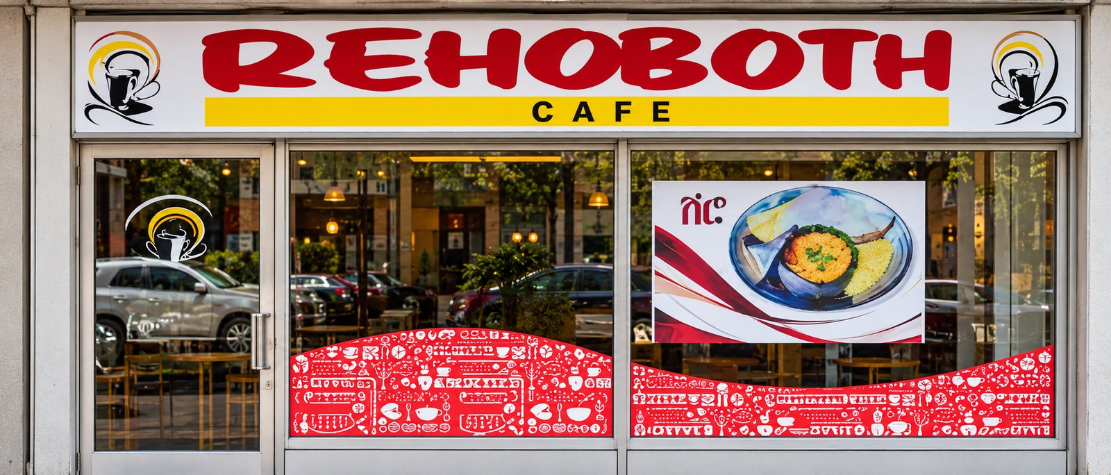 Rehoboth Cafe storefront on Danforth Avenue with its red and yellow sign