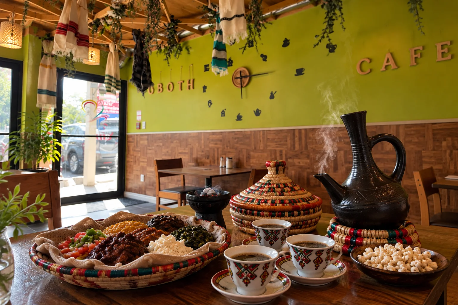 Ethiopian food and coffee arranged in a cafe with a steaming jebena
