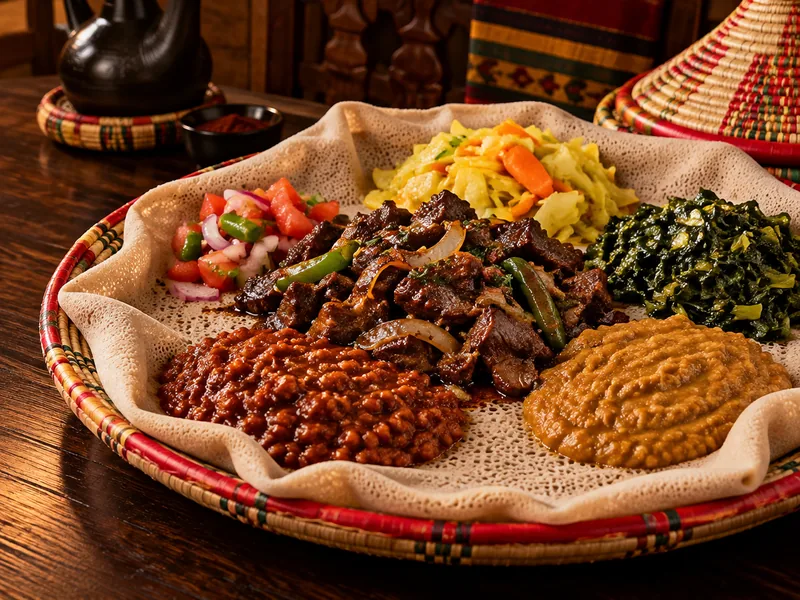 A large injera platter for sharing on a woven tray, with tibs in the centre and stews, greens and salad around it
