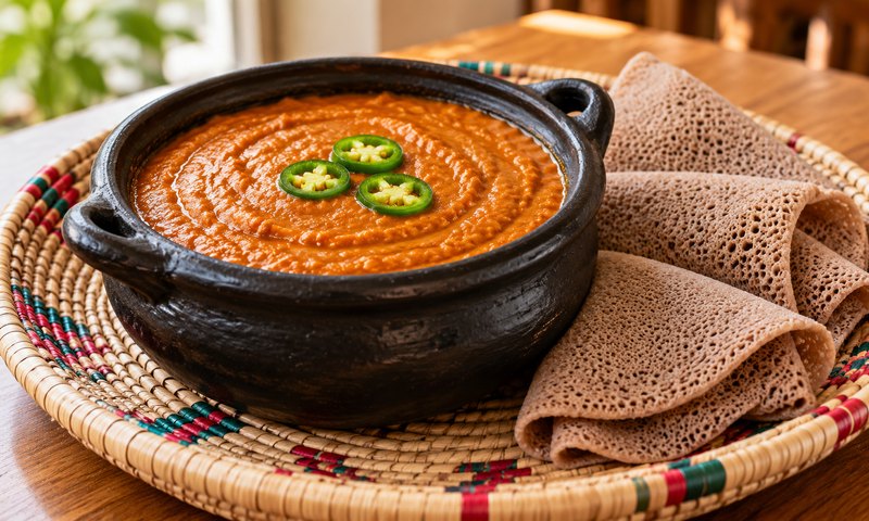 Shiro chickpea stew in a black clay pot on a woven tray with injera