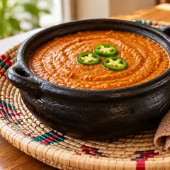 Shiro chickpea stew in a black clay pot on a woven tray with injera