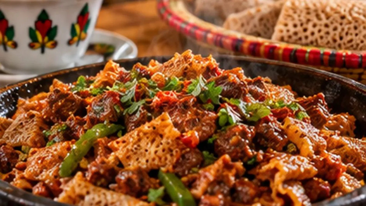 Tibs Firfir with torn injera, green peppers and herbs in a dark pan