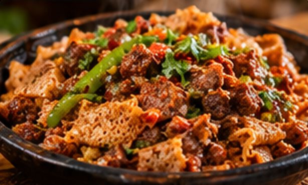 Tibs Firfir: tibs mixed with torn injera, green peppers and herbs